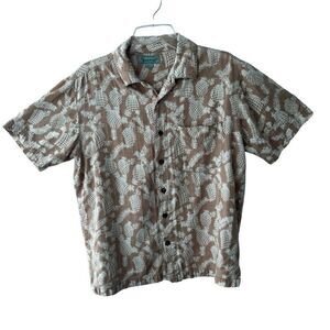 Kona Wind Button Front Tropical Shirt Tan White Pineapple Print Resortwear SZ S